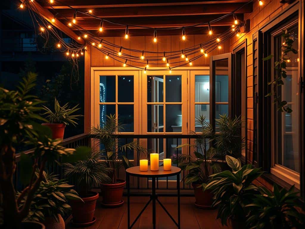 ambient lighting on a balcony with string lights and candles ambient lighting on a balcony with string lights and candles